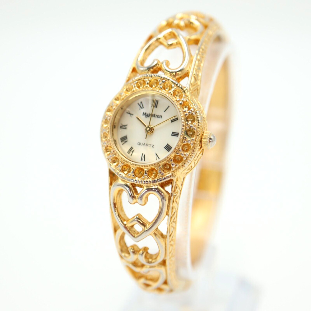 Majestron Womens Gold Tone Watch 22mm MOP Dial Metal Cuff Bracelet New Battery
